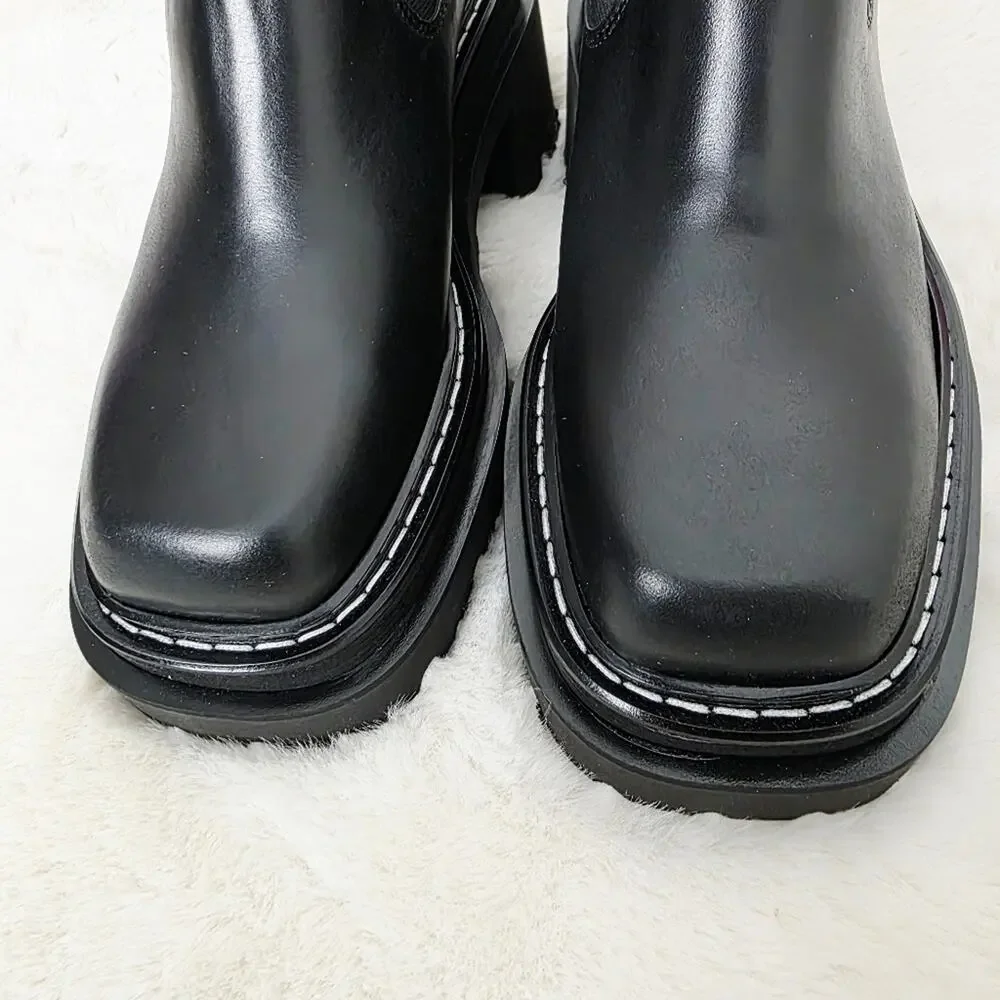 NEW Sandro Paris Black Leather Chelsea Boots Chunky Lug Sole Square Toe EU 37 - Picture 6 of 16